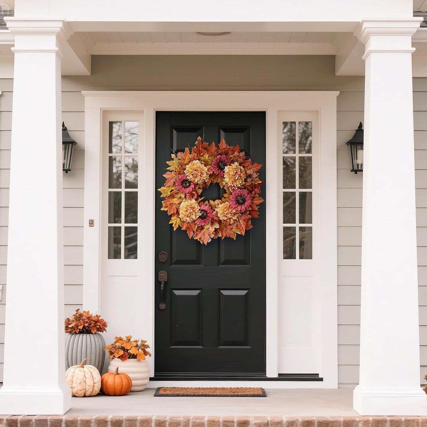 28'' Large Fall Wreath for Front Door, Porch, Window- Artificial Maple Leaves Faux Sunflower Hydrangea Pumpkins Outdoor Autumn Wreath for Home, Farmhouse Wall Thanksgiving Day Harvest Festival Decor