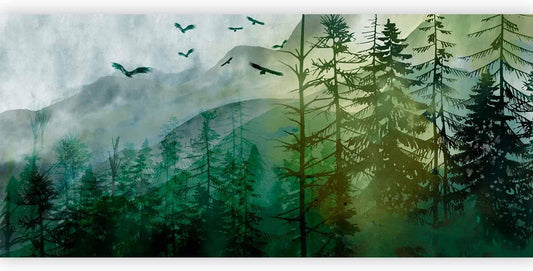 artgeist Premium Wall Mural Natura 216x98 in - Non-Woven Photo Wallpaper Art Print Fleece Wall Mural Decoration Mountains Forest Birds Clouds c-A-10017-a-b