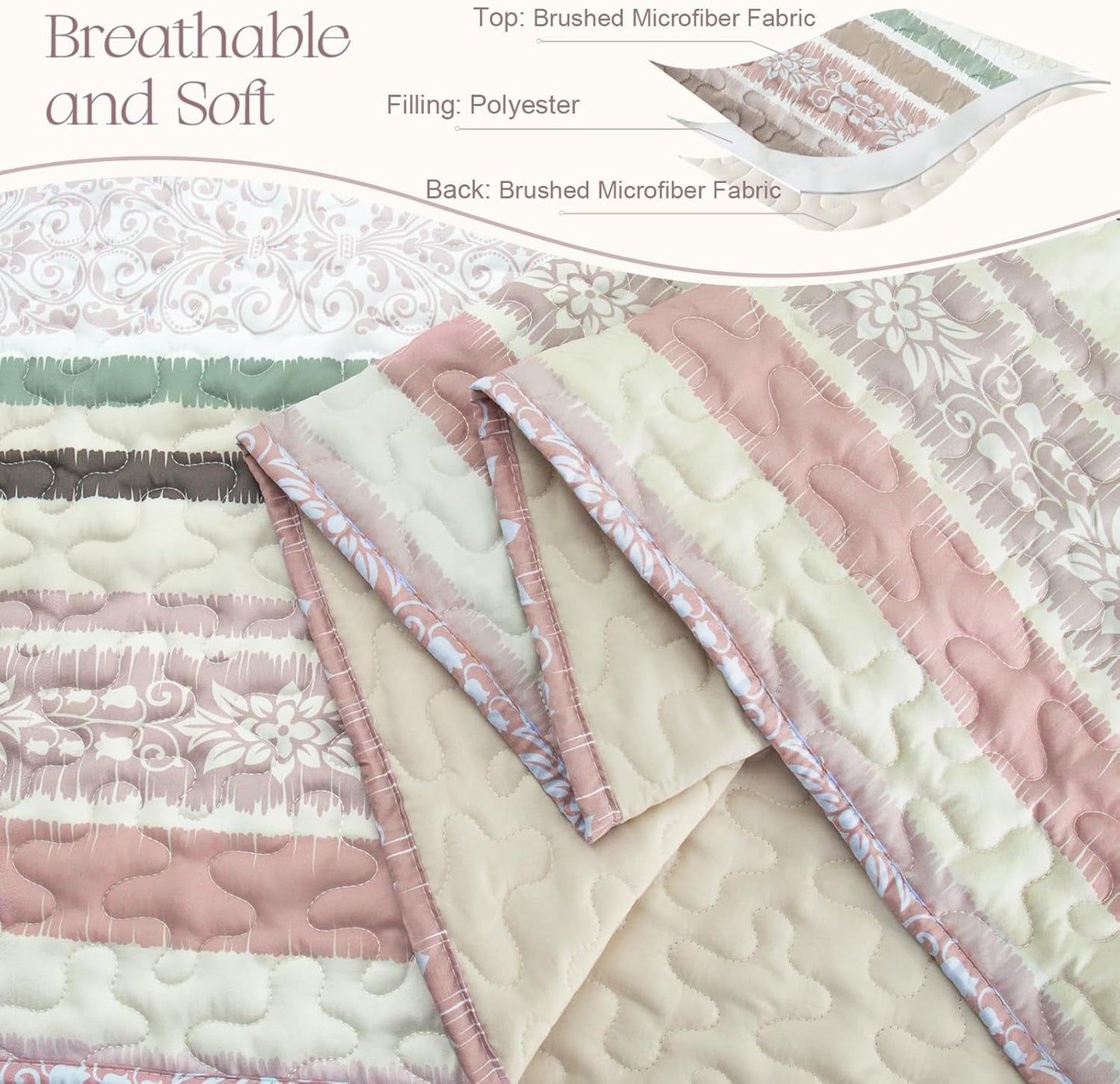 Exclusivo Mezcla Reversible Boho Quilt Set King Size, 3 Pieces Bohemian Pink All Season Bedspreads, Ultra Soft Floral Coverlet Bedding Set with Printed Pattern (1 Quilt, 2 Pillow Shams)