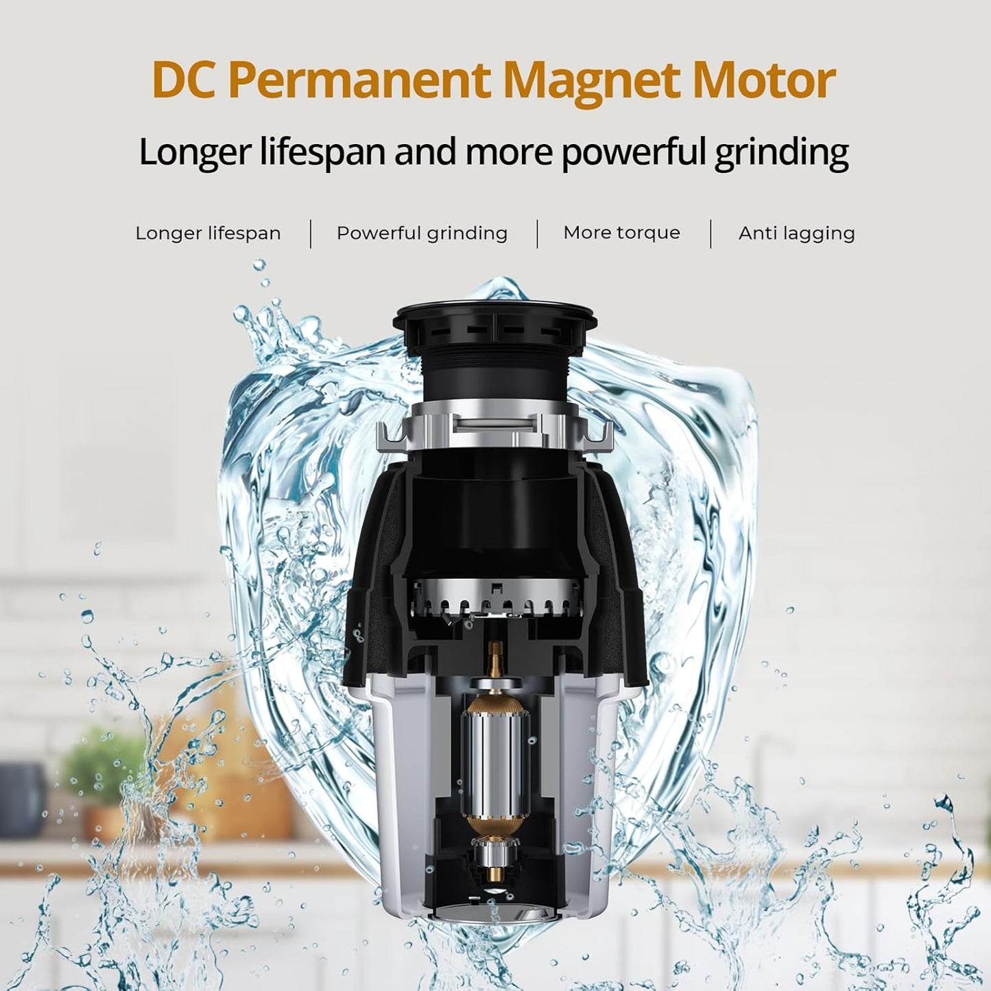 3/4 HP Corded Garbage Disposal for Kitchen Sinks, TECASA Continuous Feed Food Waste Disposer, Sound Reduction, Power Cord Included, Grey and Black - HyperCrush 75