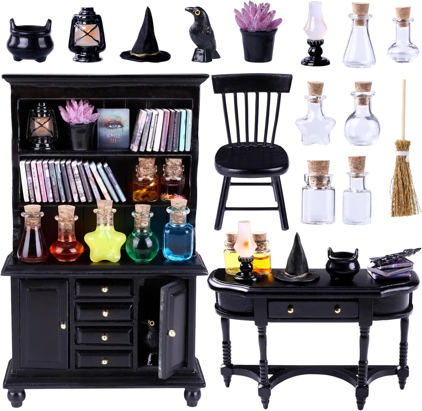 56 Pcs Halloween Miniatures Decorations 1:12 Scale Magic House Accessories Mini Wooden Bookshelf Furniture Set Tiny Sorcery Bottles Books Desk Chair Witch Hat Dollhouse Decor