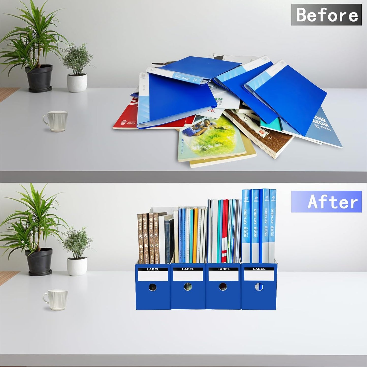 24 Pack Cardboard Magazine File Holder for Desktop ，Blue Book Bins for Classroom Library, Office or Home, Vertical Paper Boxes for Storage with Label(10.6" H x 10.2" L x 3.5" W in)