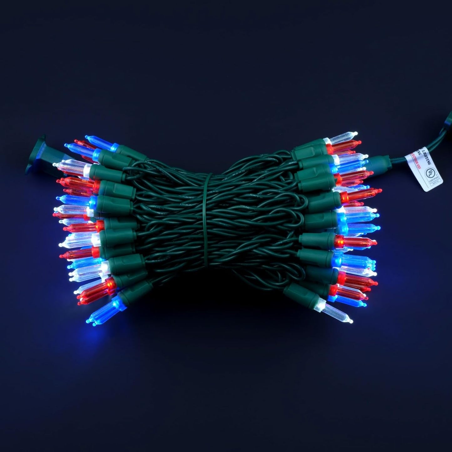 100 Red White Blue One-Piece LED Christmas Lights, 33 ft Green Cord High Waterproof UL Certified Patriotic Outdoor String Lights (Red White & Blue)
