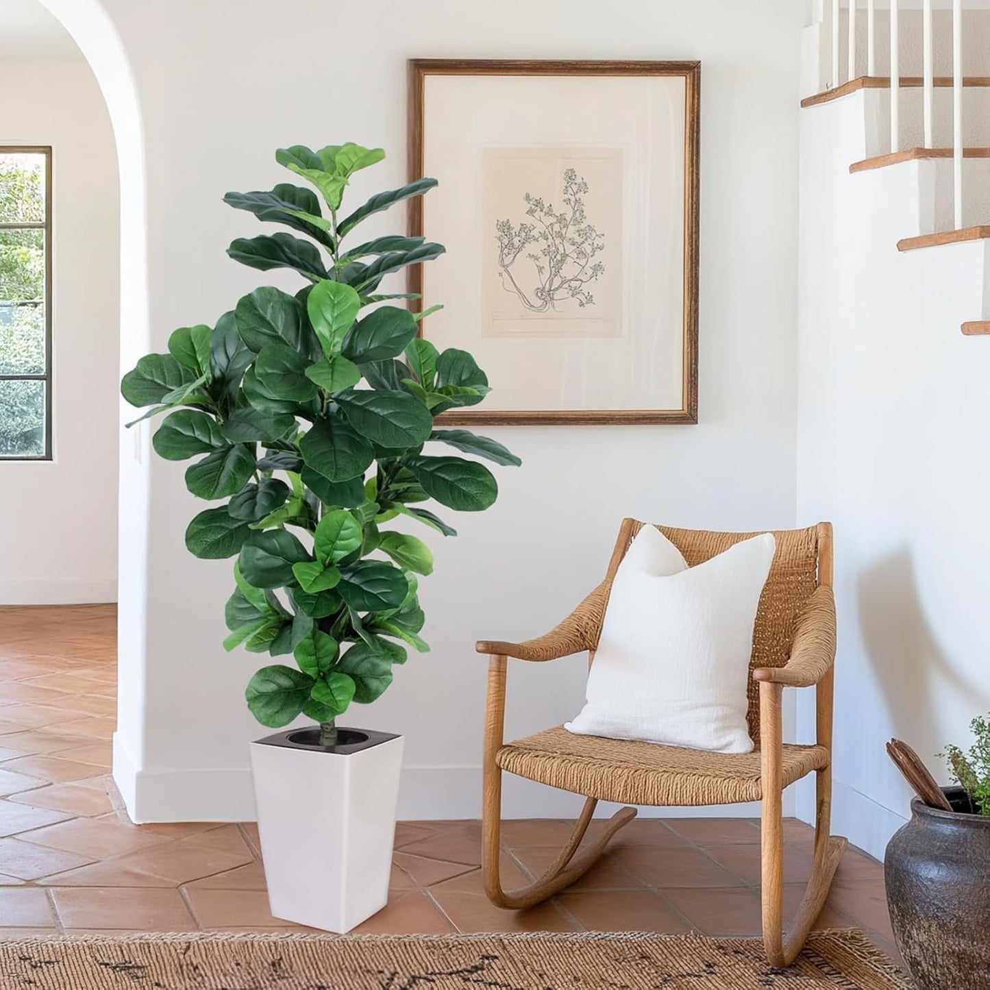 Fiddle Leaf Fig Tree, 5ft Tall Fake Silk Tree in White Planter, Faux Floor Plants with 108 Fiddle Leaves, Artificial Plants for Home Office Decor Indoor