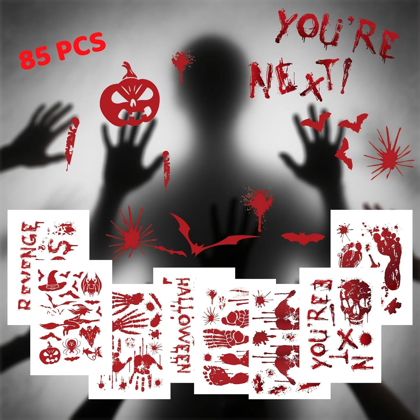 8 Sheets Halloween Window Clings, Bloody Handprint Footprint Window Stickers Scary Halloween Decorations Self Adhesive Wall Decal for Party Bathroom Car Door Zombi Restroom Sign Decals-85 Pcs