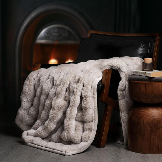 EVERGRACE Ultra Soft Luxury Fluffy Ridgeline Faux Rabbit Fur Throw Blanket, Thick Warm Bubble Throw for Bed, Cozy Plush Reversible Blankets for Couch, Chair, Sofa, Taupe, 50x60 Inches, 870 GSM
