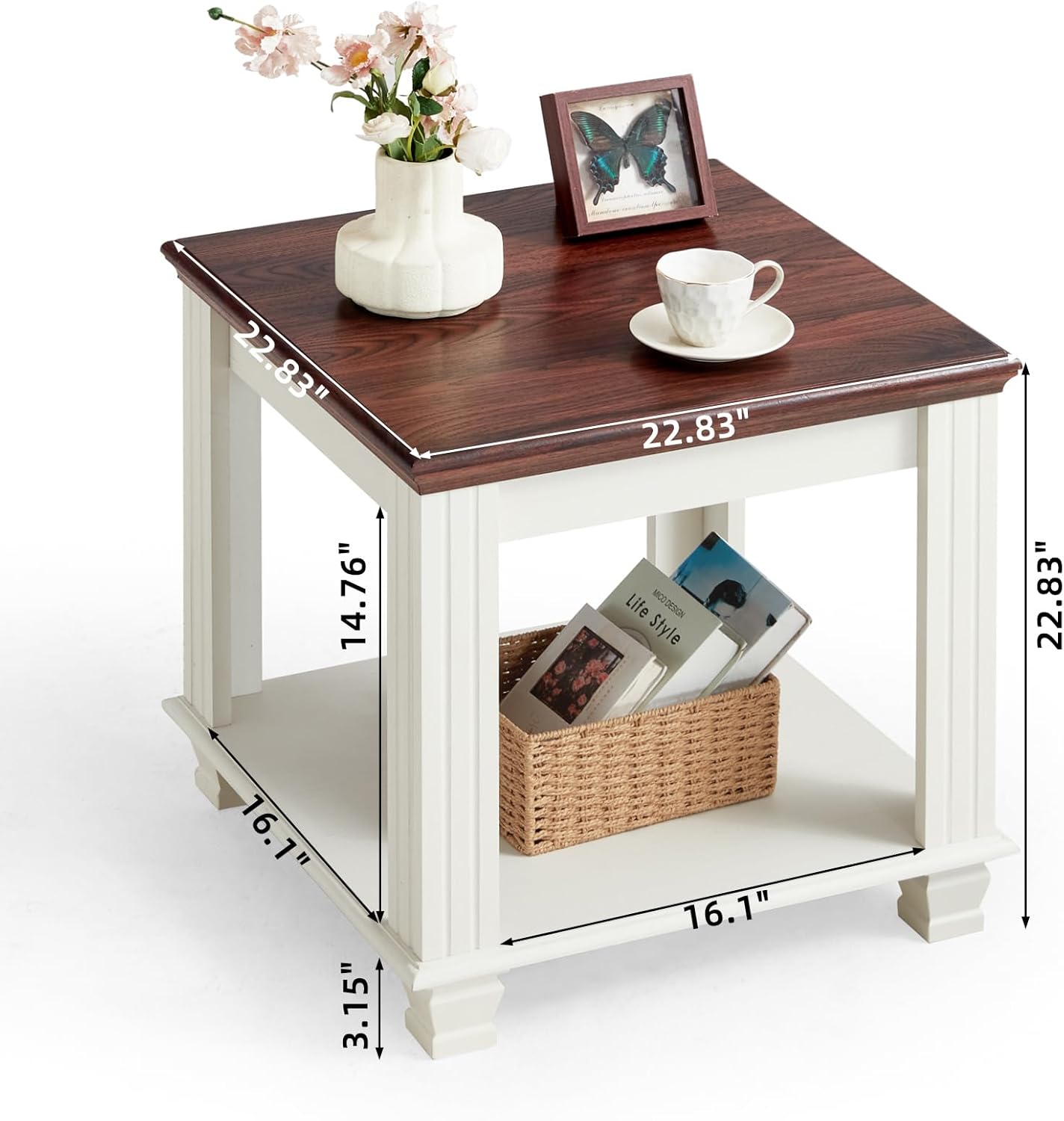 Farmhouse End Table with 2-Tier Storage Shelf, 22.8 inch Side Table for Living Room,Modern Nightstand,Small Bedside Table for Bedroom,White