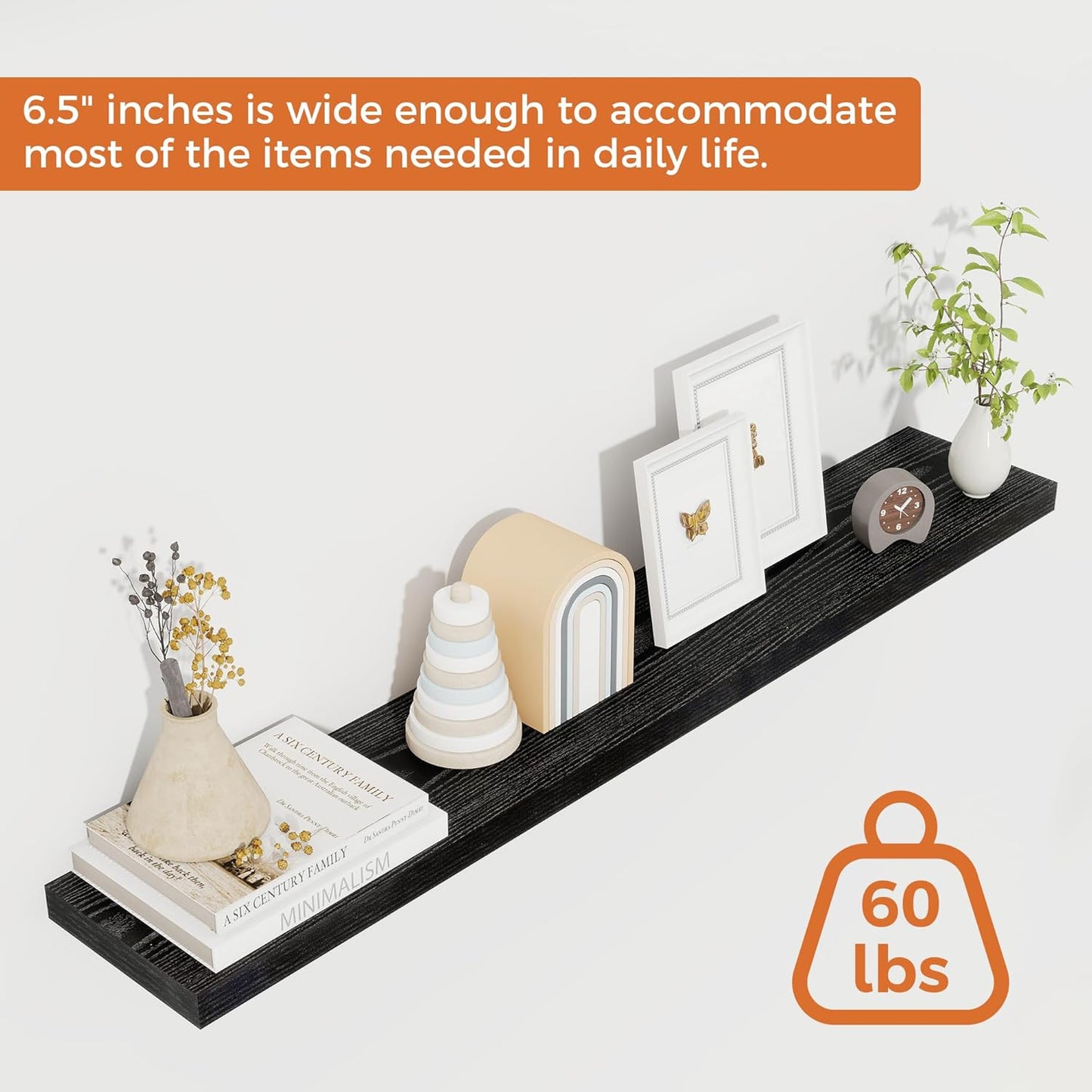 Floating Shelves for Wall, 40 Inch Floating Shelves for Home Decor, Wall Mounted Rustic Wood Shelves, Bathroom, Hanging Deep Shelf for Bedroom, Living Room, Kitchen (Black, Set of 2)