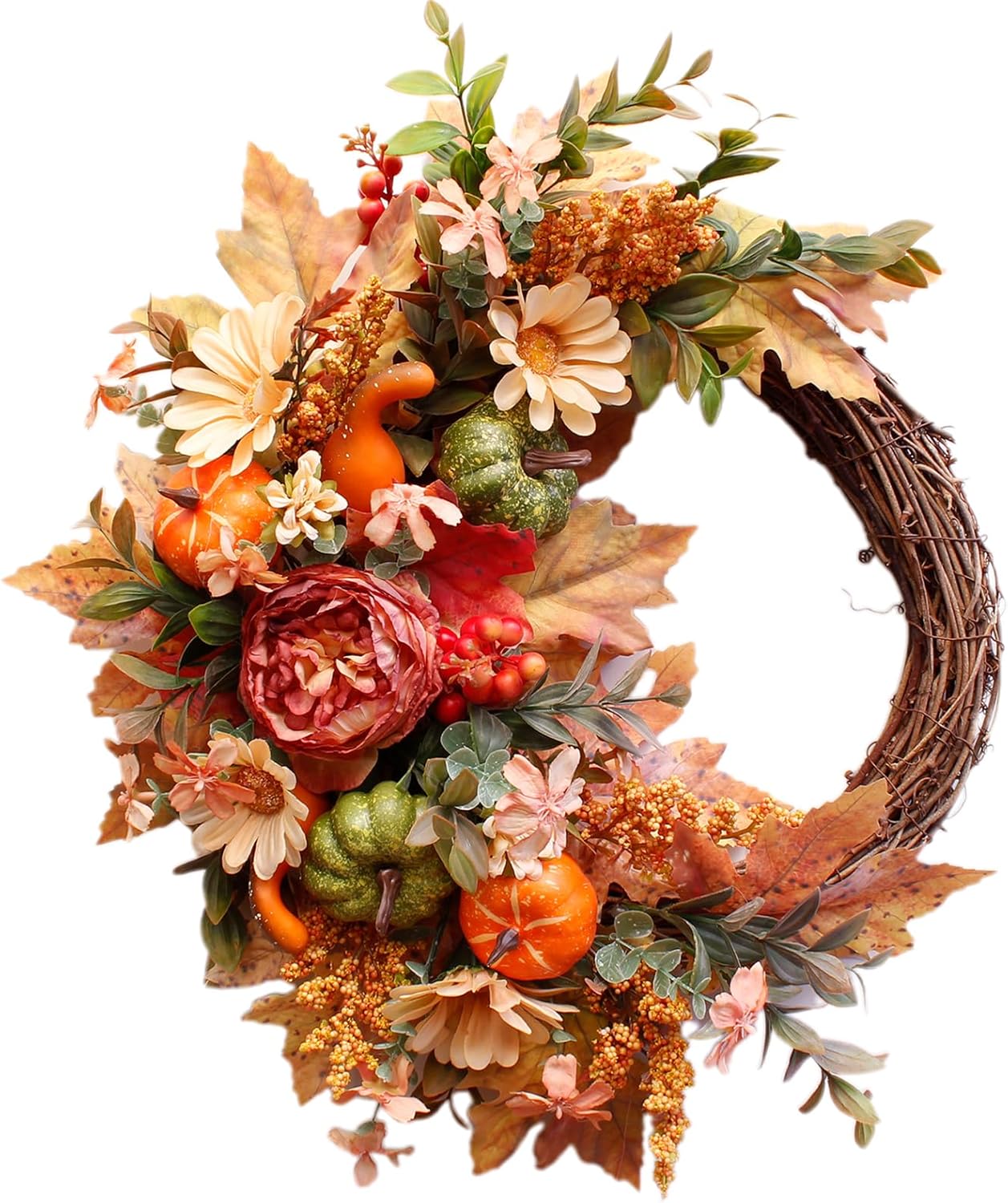 20Inch Fall Wreaths for Front Door,Fall Decorations for Home,Autumn Wreaths with Pumpkin Peony Sunflowers Berry Wreaths,Fall Door Wreath for Thanksgiving Halloween Farmhouse Home Outdoor Indoor Decor