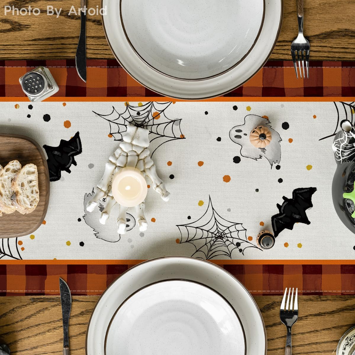Artoid Mode Orange Black Buffalo Plaid Gnome Bat Pumpkin Ghost Halloween Table Runner, Sensonal Kitchen Dining Table Decor for Home Party 13 x 72 Inch