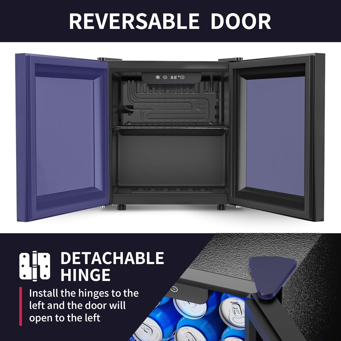 48 Can Beverage Refrigerator Cooler, Mini Fridge Glass Door with Adjustable Shelves, Freestanding Beverage Fridge with Blue LED for Home/Office/Dorm/Bar, 1.3 Cu.ft