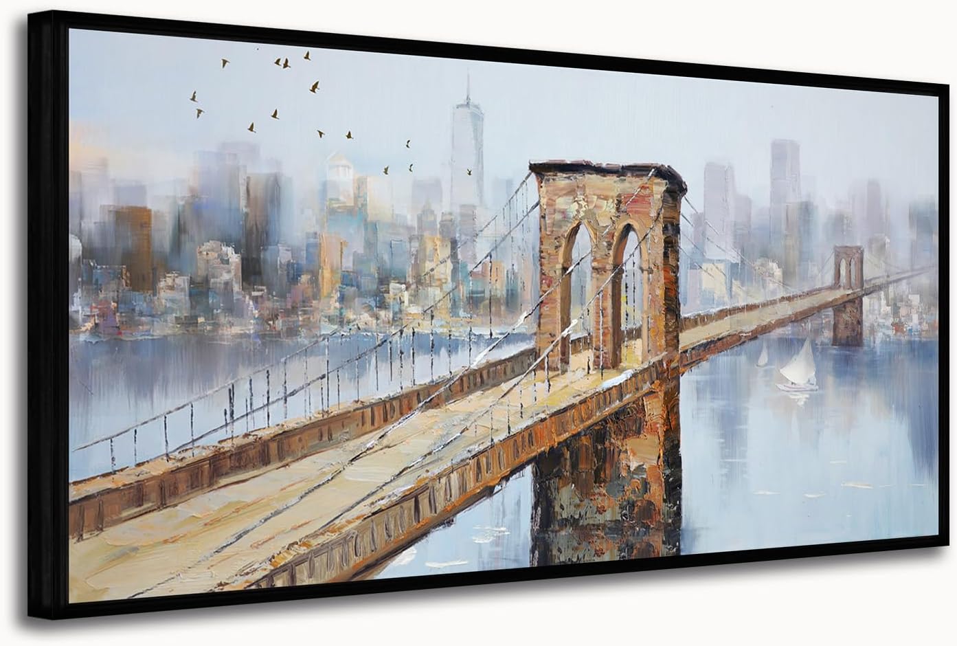 Arjun Brooklyn Bridge Canvas Wall Art Abstract Skyline New York City Painting Modern NY Cityscape Picture Textured Artwork for Bedroom Living Room Bathroom Home Office Wall Decor Framed Large 48"x24"