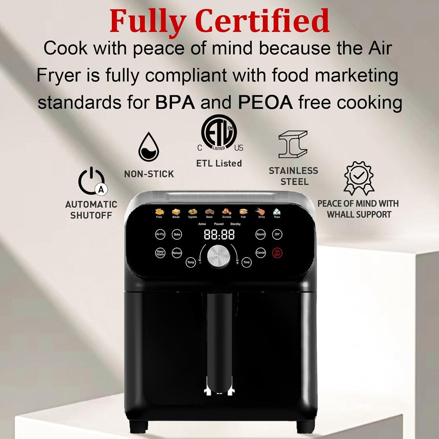 Air Fryer, 6.2QT Air Fryer Oven with LED Digital Touchscreen, 12 Preset Cooking Functions Air fryers, Bake, Reheat, Keep Warm, Nonstick and Dishwasher-Safe Basket, Stainless Steel/Black