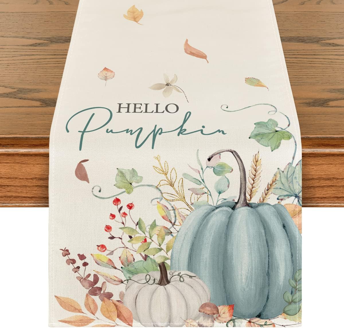 Artoid Mode Aqua Hello Pumpkin Leaves Fall Table Runner, Seasonal Autumn Kitchen Dining Table Decoration for Home Party Decor 13x36 Inch
