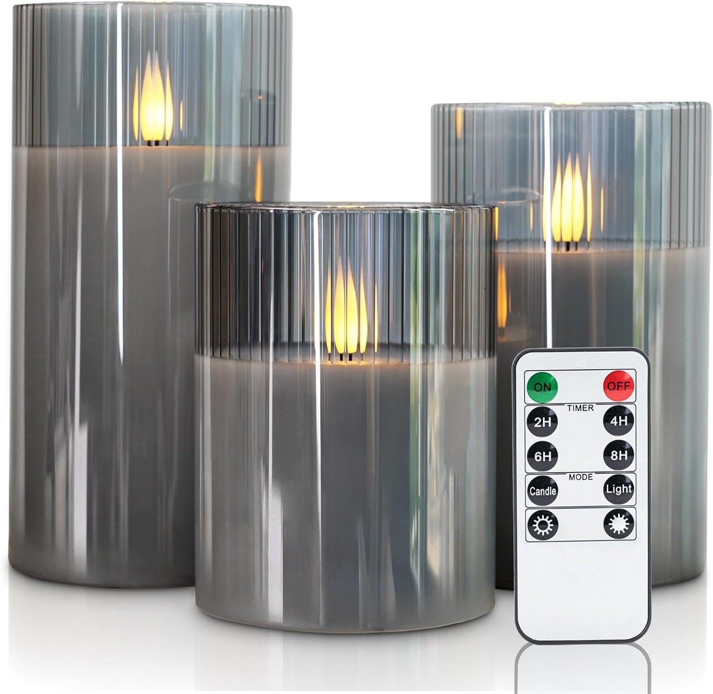 Amagic Grey Flameless Candles with Remote, Battery Operated Candles with Timer, Ribbed Glass LED Pillar Candles with Flickering Flame for Spooky Halloween Party Decor, Real Wax, Set of 3