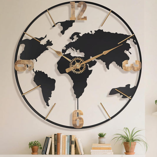 24 Inch Large Wall Clock,Modern Decorative Big World Map with Vintage Gold Arabic Numeral Extra Giant Metal Oversized Wall Clocks for Living Room,Office,Kitchen,Dining Room,Bedroom