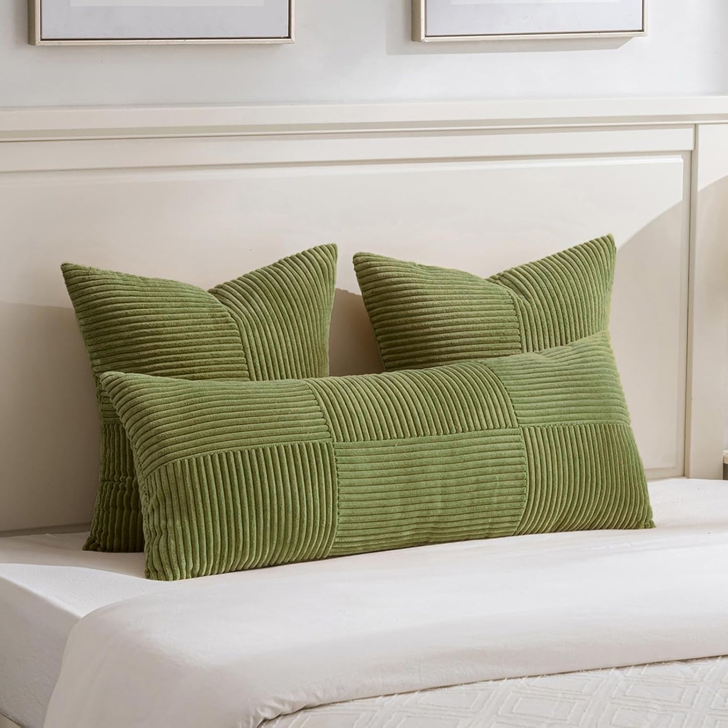 Fancy Homi 2 Packs Moss Green Euro Decorative Throw Pillow Covers 28x28 Inch for Bedroom Couch Bed, Farmhouse Boho Home Decor, Soft Corss Corduroy Patchwork Textured Square Cushion Case 71x71 cm