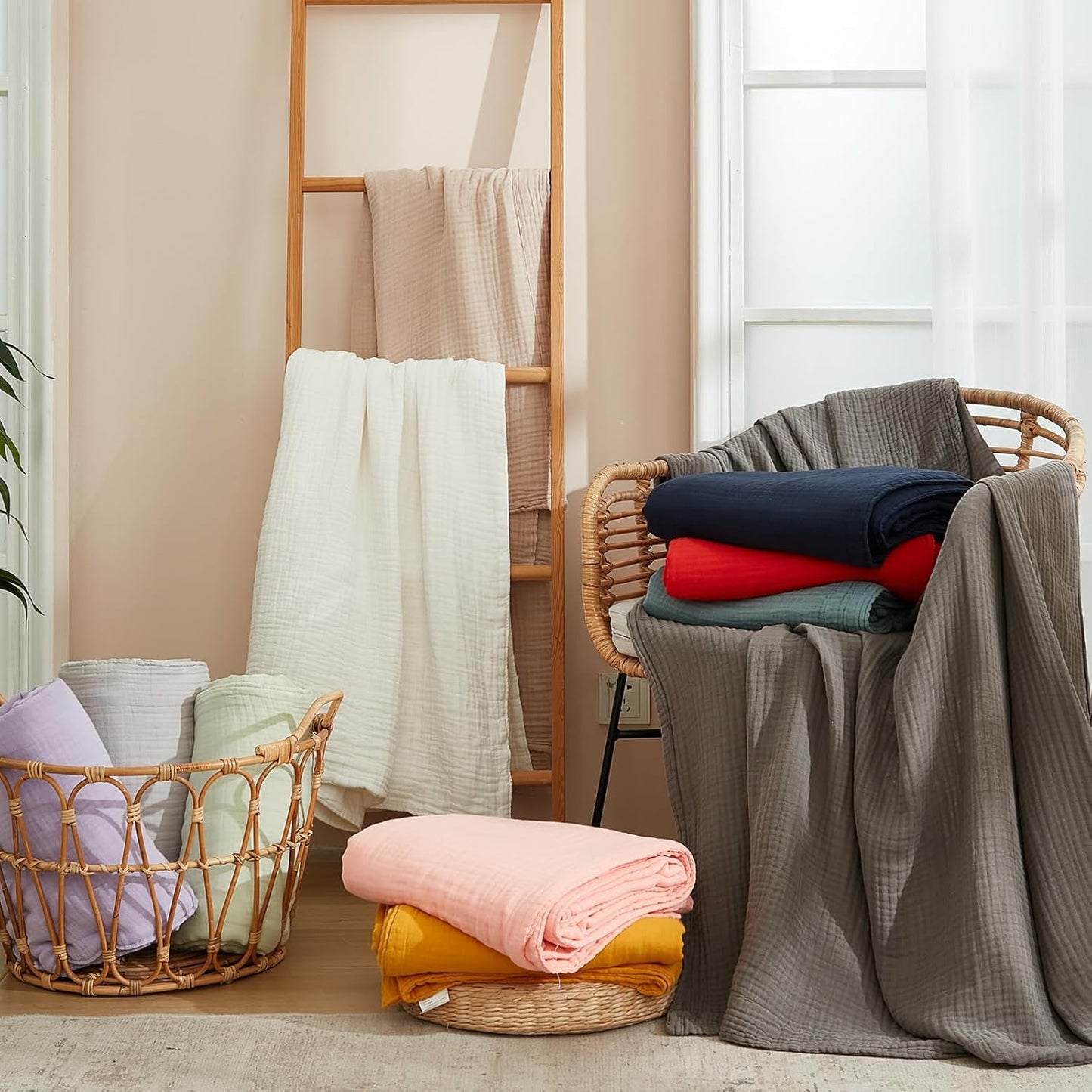 EMME Cotton Blanket Queen Size for Bed Soft Large Muslin Bed Blankets 90"x90" Lightweight Breathable Layering Bedspread All Season Gauze, Teal