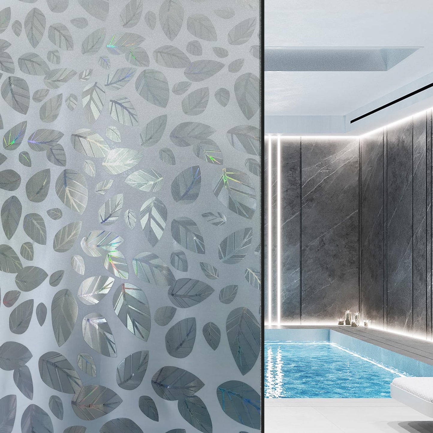 Frosted Glass Window Privacy Film Decorative, Bathroom Privacy Film for Glass Windows Cover, Static Cling, Removable, Reusable, Anti-UV, Anti-Glare, Heat Blocking,（Leaf White 17.5X78.7Inch）