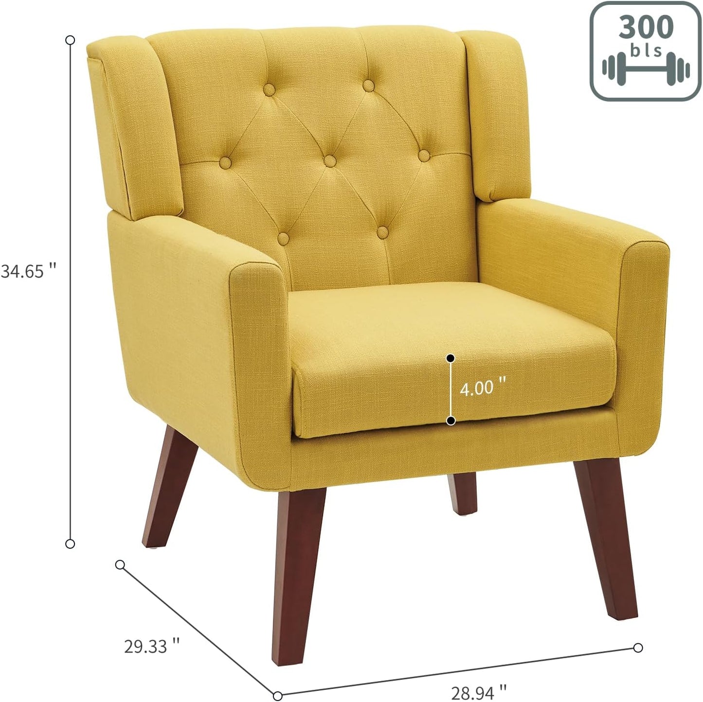 Accent Chair Button-Tufted Upholstered Living Room Chairs Comfy Reading Chair Mid Century Modern Chair with Linen Fabric Lounge Arm Chairs for Living Room Bedroom (Bright Yellow)