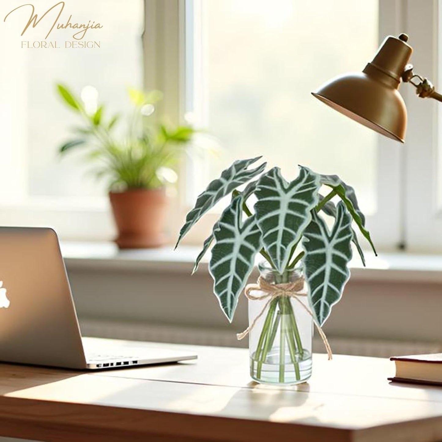 Artificial Flowers Turtle-Back, Alocasia Leaf, in Glass Vase with Faux Water,7Pcs Artificial Leaves Real Touch Latex Leaves for Centerpiece (2, Turtle-Back&Alocasia Leaves)