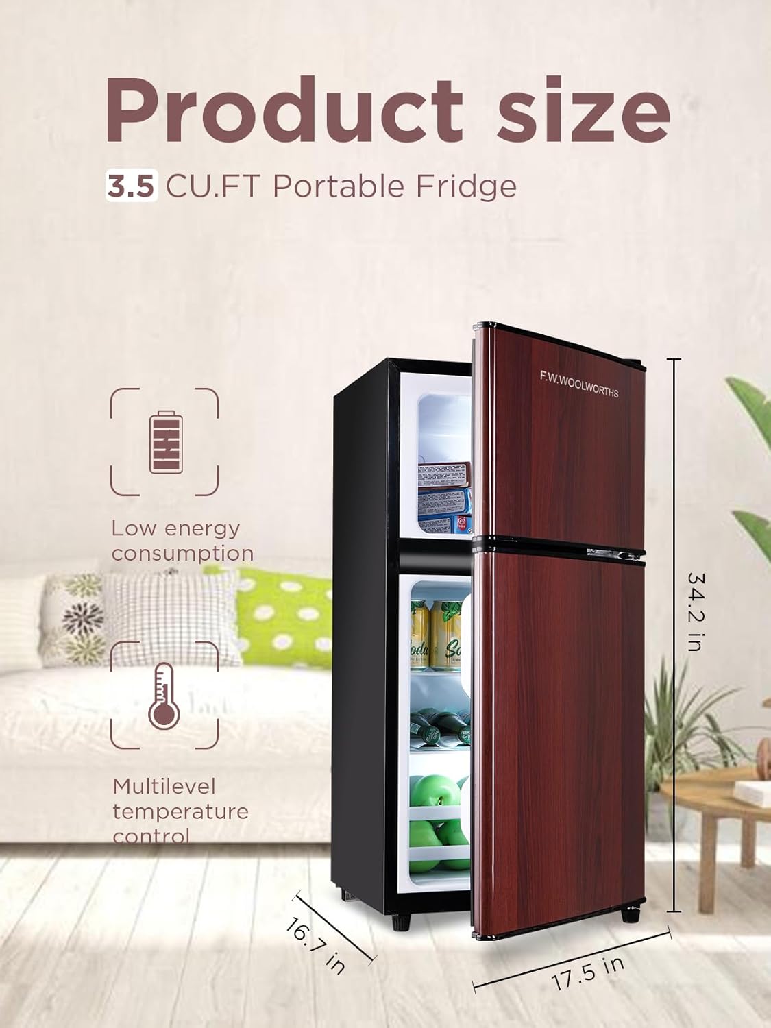 3.5 Cu.Ft Mini Fridge with Freezer, Compact Refrigerator with 2 Doors for Office, Kitchen, Dorm and Bedroom, Small Fridge with 7 Level Temp Adjustable Thermostat, Wood