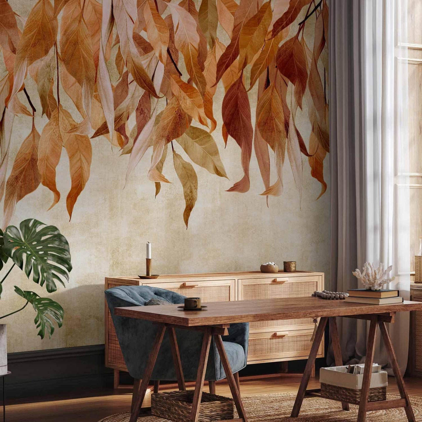 artgeist Premium Wall Mural Hanging Leaves 157x110 in - Non-Woven Wallpaper Fleece Wall Decor Photo Print Picture Image Design Nature Botanical Concrete Orange Beige b-C-10146-a-c