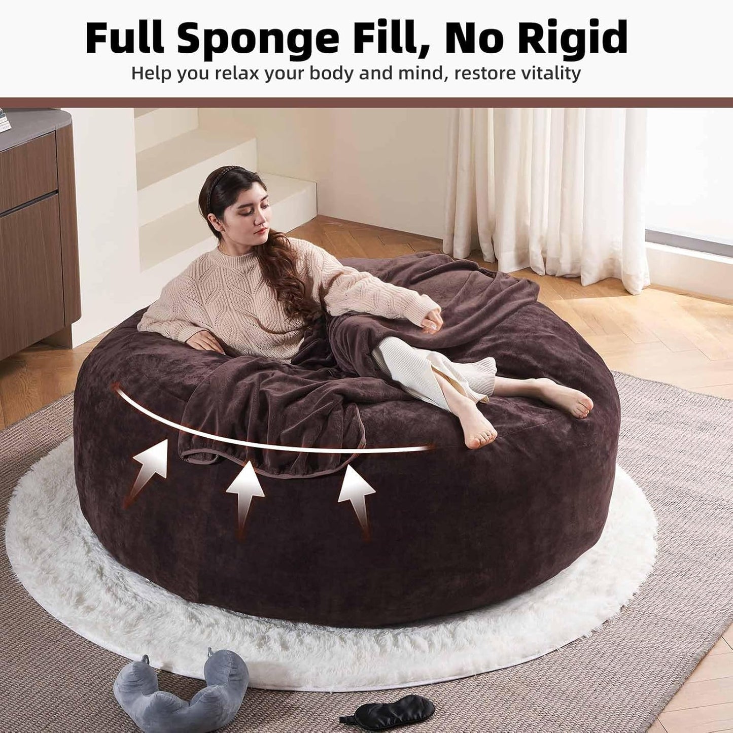 6FT,Oversized Bean Bag Chairs for Adults,Giant beanbag with Filler Included，Fluffy Memory Foam,Soft and Comfy Corduroy Fabric,Gaming Chairs Suitable for Living Room and Bedroom (Brown, 6 Foot)