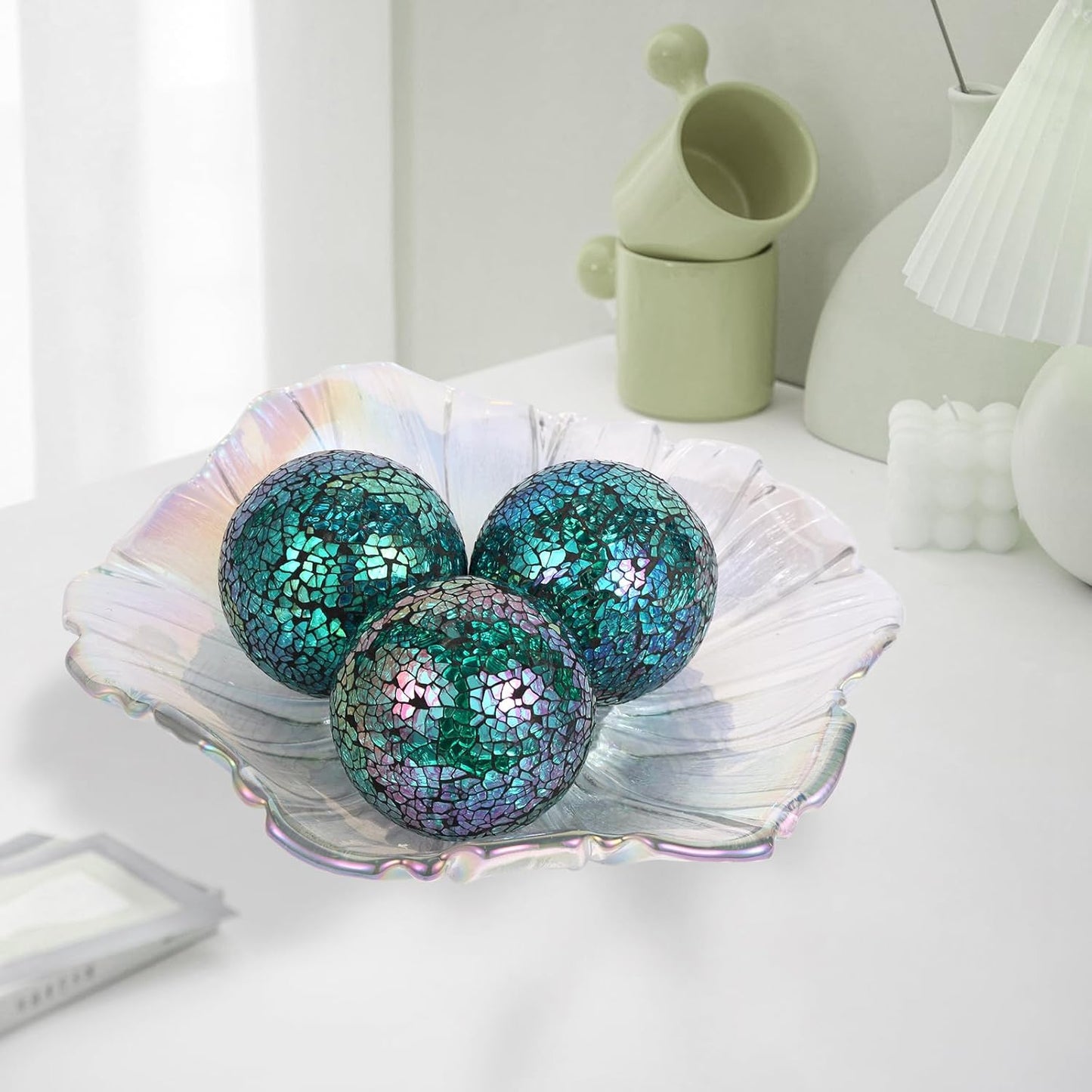 6Pcs Decorative Ball for Bowls, 8cm/3.15inch Mosaic Glass Centerpiece Decoration Balls Mirror Glass Ball Fillers for Home Decor Dining Tables Wedding Party (Turquoise)