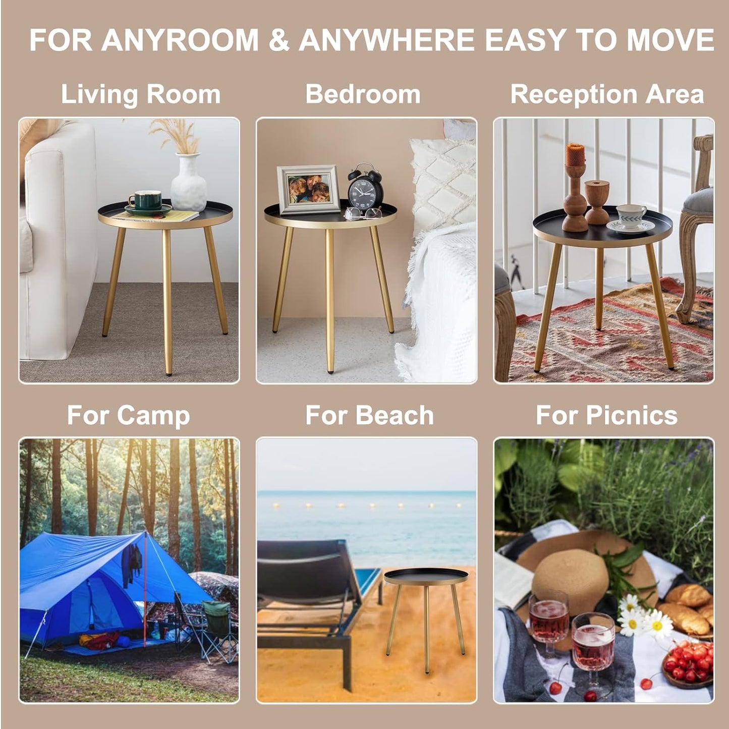 AOJEZOR Side Table: End Table for Any Room - Round Side Tables for Small Spaces - Black Top with 3 Gold Legged