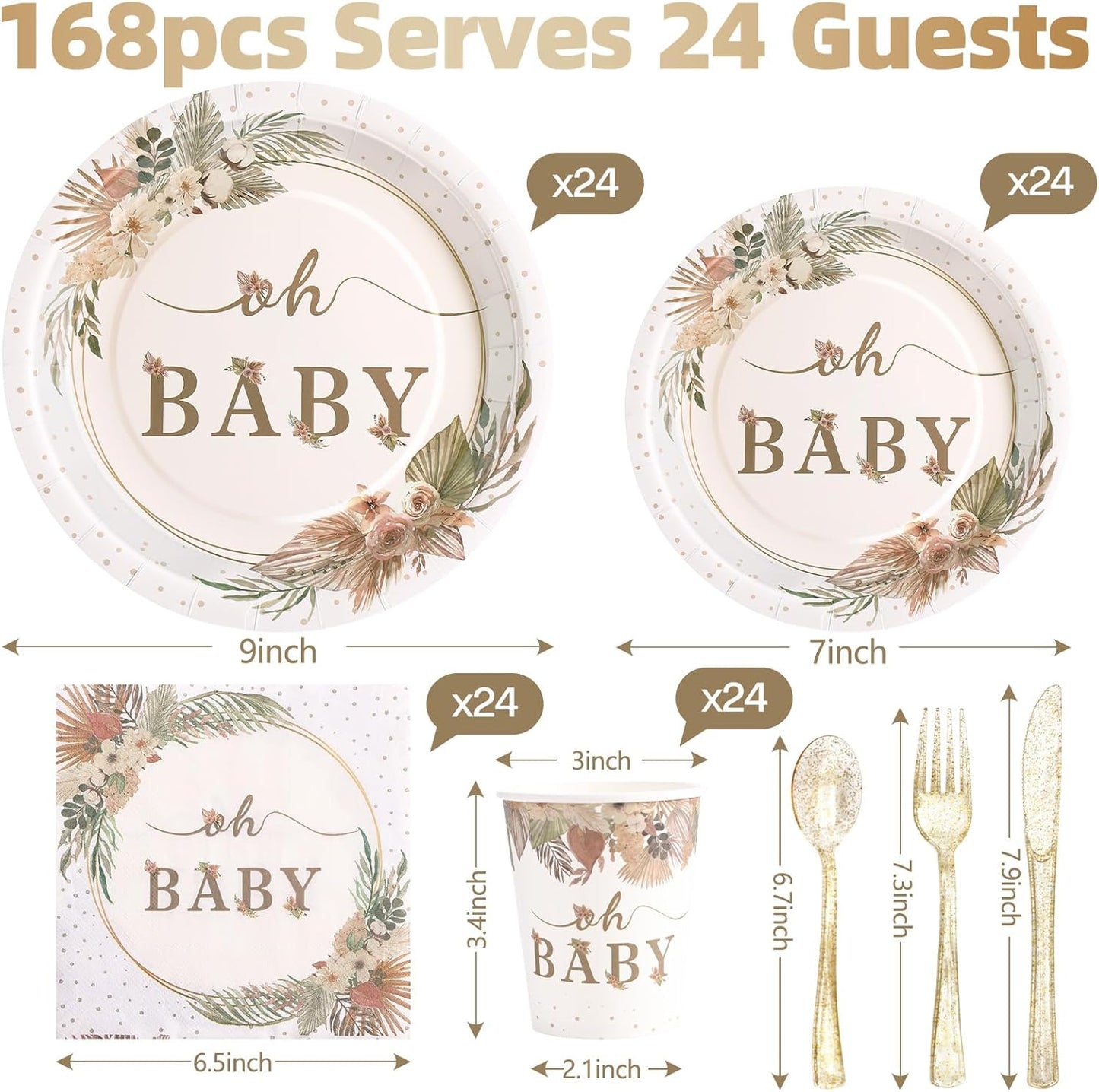168 Pcs Boho Its A Girl Baby Shower Decorations, Boho Baby Shower Plates and Cups and Napkins Sets, for Baby In Bloom Oh Baby Western Girl, Summer Fall Woodsy Rustic Neutral, Serves 24