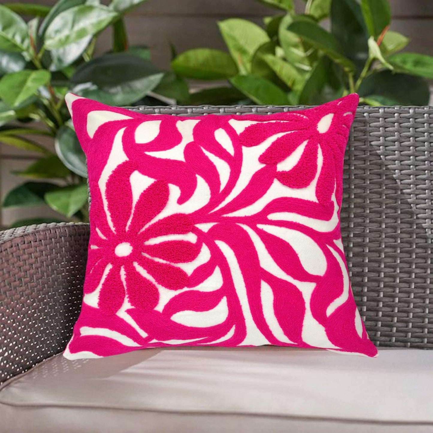Alysheer Farmhouse Floral Leaves Embroidered Decorative Throw Pillow Cover 18x18 inches, Boho Tufted Flowers Embroidery Pattern Chic Cotton Cushion Case for Couch Bed Sofa Living Room(Bright Hot Pink)