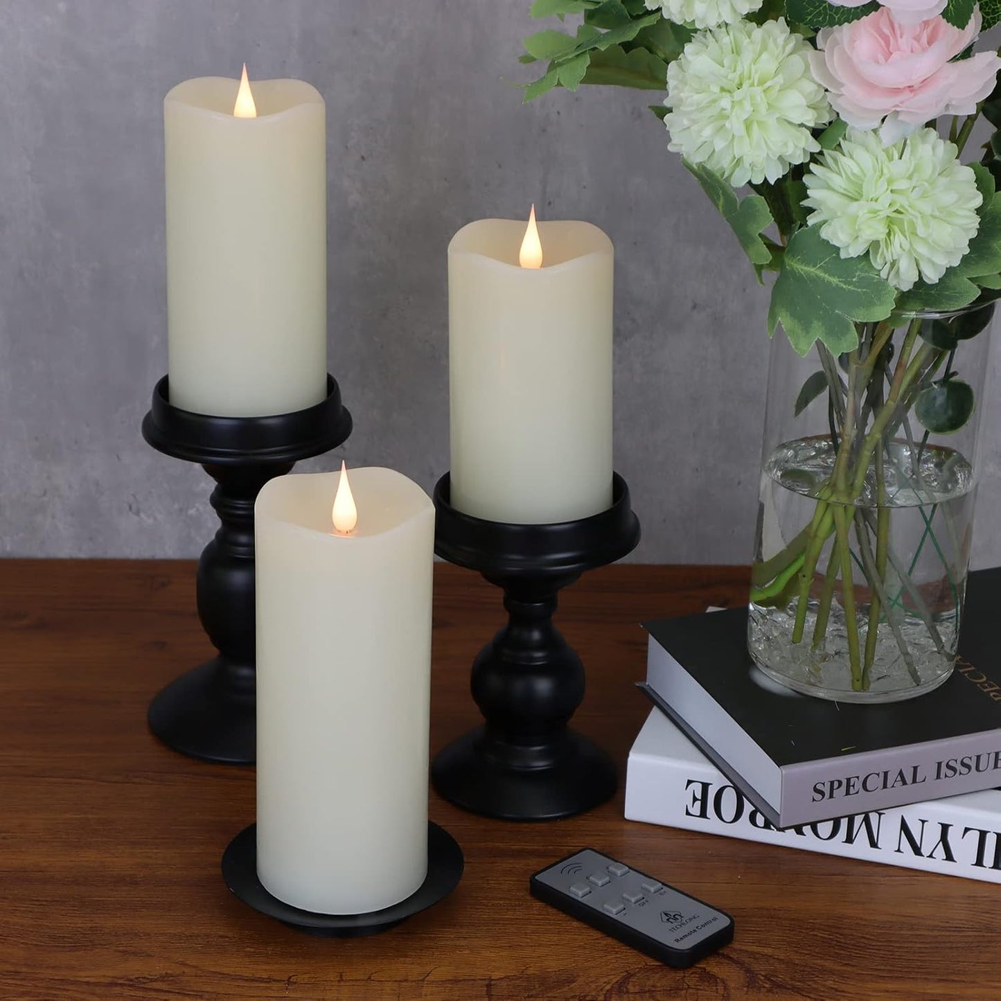 Flickering Flameless Candles with 3D Moving Flame Set of 3(H 5" 6" 7" x D 3"), Last 1000+ Hours Battery Operated Candles with Remote Timer, Ivory Real Wax Electric LED Pillar Candles
