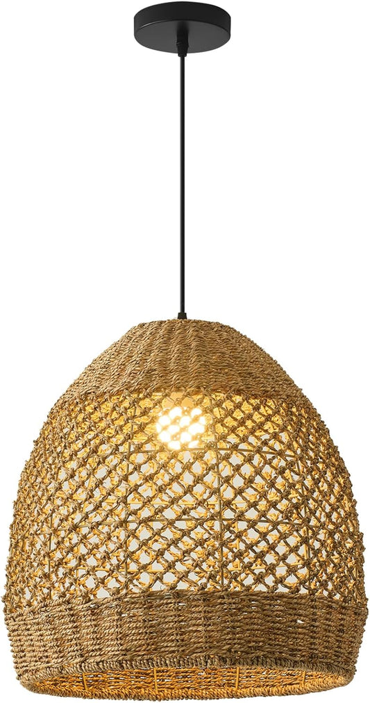 13.77" Rattan Pendant Light Rustic Hand-Woven Wicker Hanging Light 1-Light Water Plants Rattan Chandelier for Dining Living Bedroom Kitchen Farmhouse