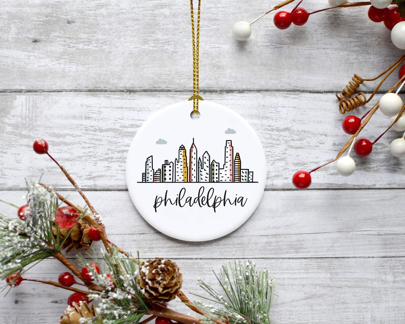 Andaz Press Round Ceramic Porcelain Christmas Tree Ornament Keepsake Gift, Philadelphia, Colorful City Skyline Graphic, 1-Pack, Birthday Ideas Family Coworker Him Her, Includes Gift Box