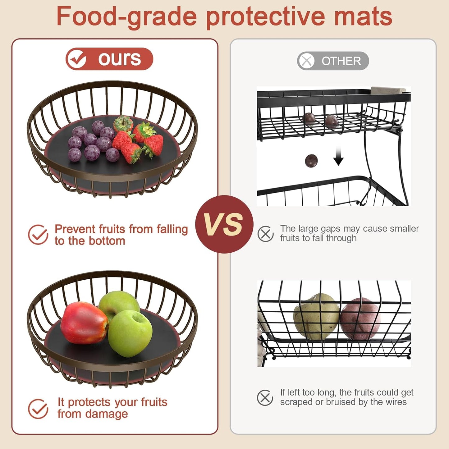 2 Tier Fruit Basket for Kitchen Counter with 2 Banana Hangers, Metal Stackable Fruit Bowl for Kitchen Counter for Bread Vegetable Fruits, Brown