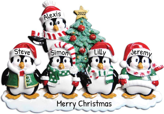 3D Penguin Family of 5 Ornament 2025 Personalized Family Christmas Ornaments 2025 | Snowy Xmas Tree Holiday Penguins Personalized Tree Ornaments for Grandchildren Siblings & Grandkids of Five Ornament