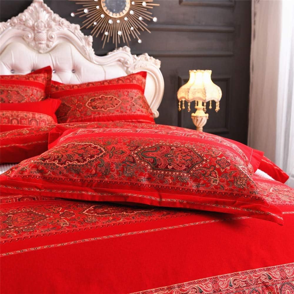 ABREEZE King Duvet Covers, Bohemian Retro Bedding Set, Coloful Mandala Down Comforter Cover, Boho Floral Style Quilt Cover, 100% Brushed Cotton, 1 Duvet Cover and 2 Pillow Shams,Red