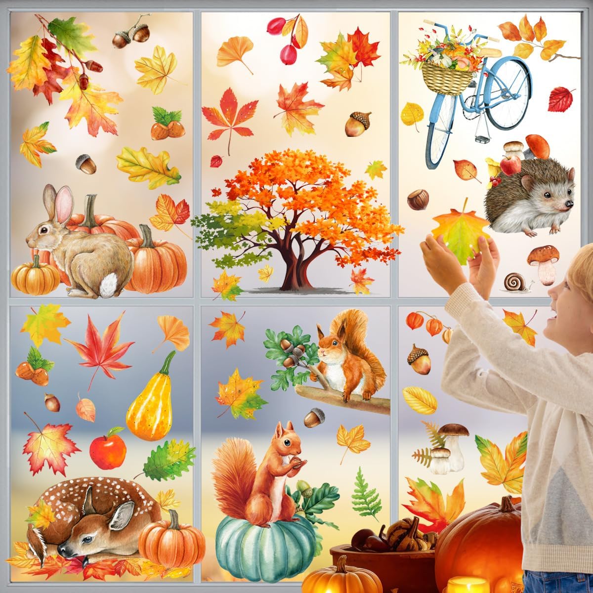 Fall Window Clings 9 Sheets Large-Size Window Clings for Glass Windo Decoration Autumn Leaves Animals Woodland Home Bedroom Nursery Room Windo Decals