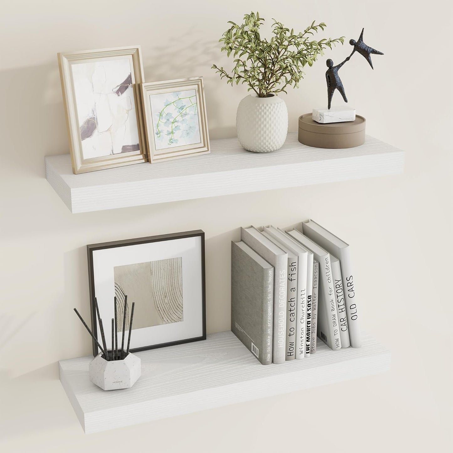 24 inch Floating Shelves Long Floating Shelves for Wall Large Wall Mounted Shelves with Invisible Brackets, White Shelves for Bathroom, Living Room, Kitchen, Office, 24x6.7 inch deep Set of 2