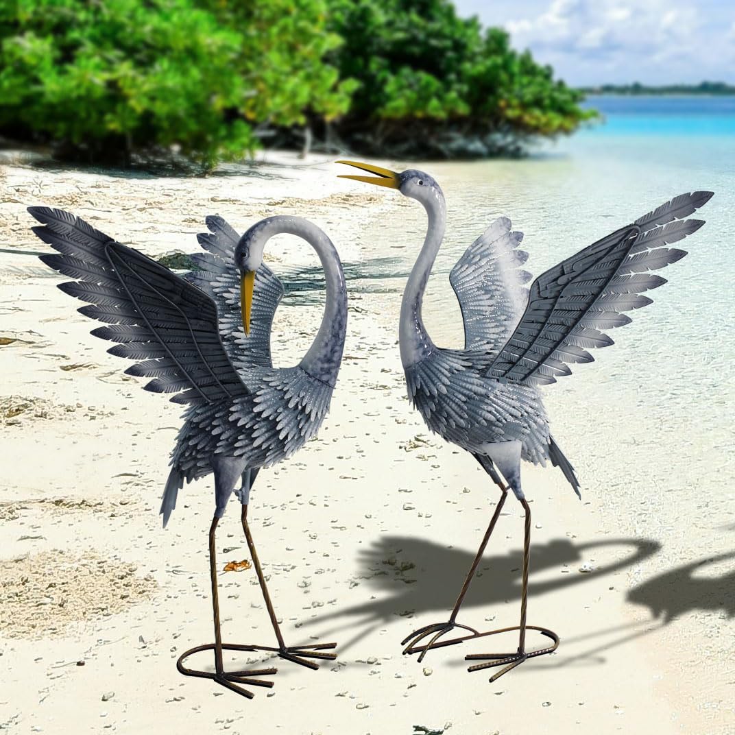 24-27 Inch Standing Crane Garden Sculptures & Statues, Crane Metal Yard Art for Backyard, Lawn, Patio, Porch, Birthday, Wedding Decorations, Gray