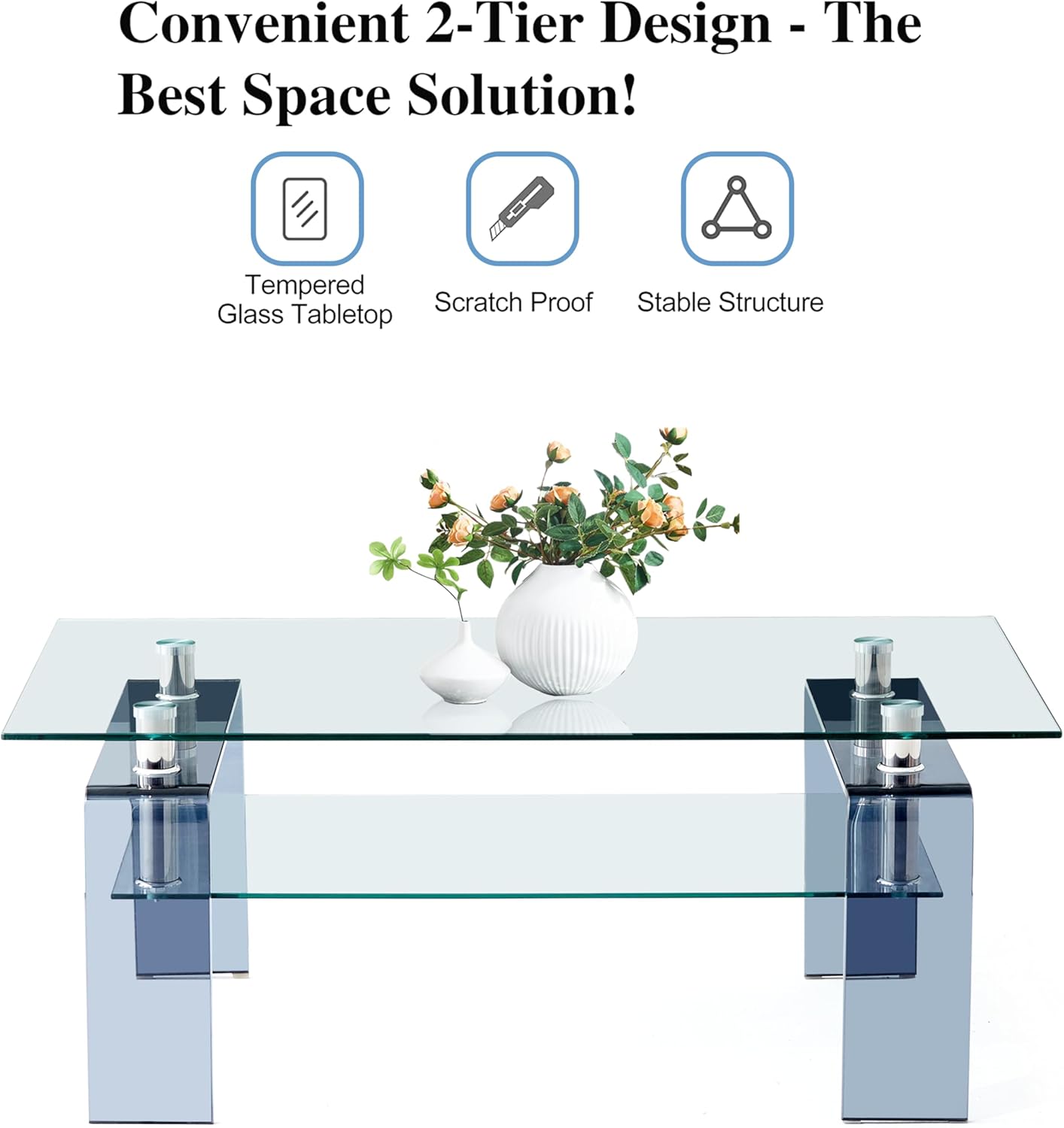 Glass Coffee Table Rectangle Living Room Center Table with Storage, Clear Tempered Glass Tabletop and Smoke Grey Leg,for Living Room and Office (Clear+Smoke)