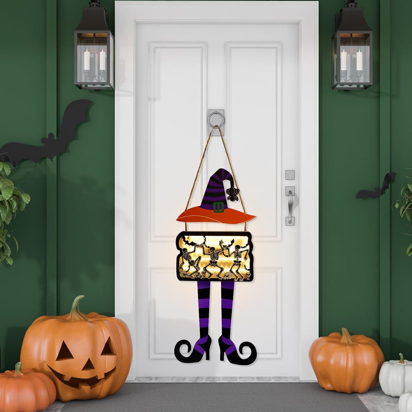FINGOOO Halloween Door Hanging Sign, Large Witch Skeleton Halloween Door Hanger with Light for Front Door Decor