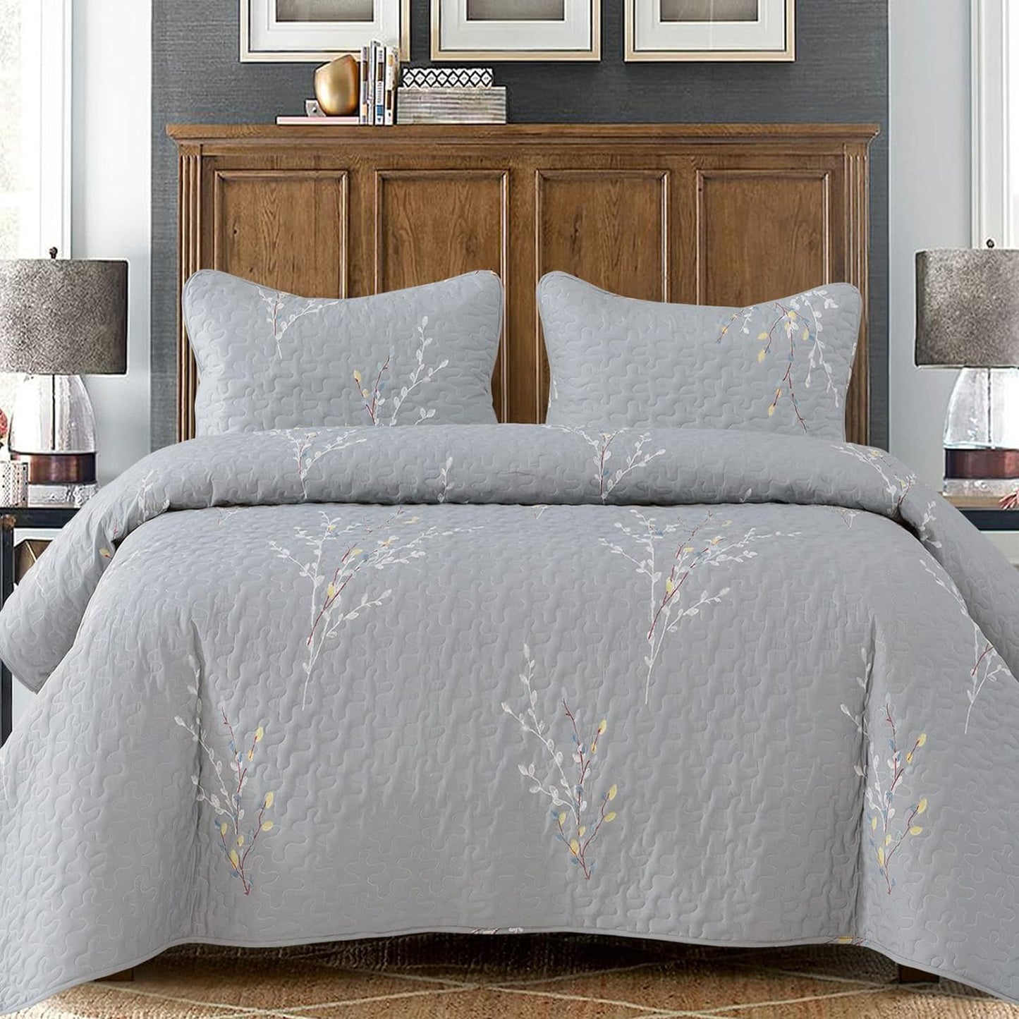 Exclusivo Mezcla Reversible Boho Quilt Set King Size, 3 Pieces Flowers Grey All Season Bedspreads, Ultra Soft Floral Coverlet Bedding Set with Printed Pattern (1 Quilt, 2 Pillow Shams)