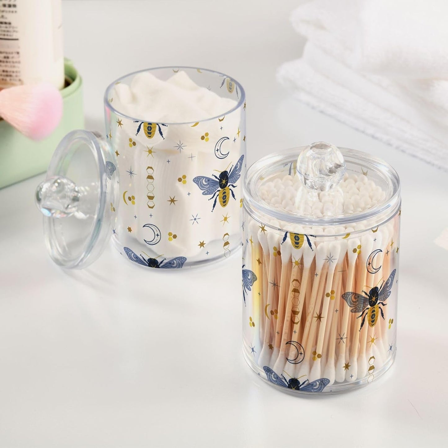 2 Pack Qtip Holder Organizer Dispenser Bee Boho Honeybee Insect Bathroom Storage Canister Cotton Ball Holder Container for Cotton Pads/Swabs/Floss