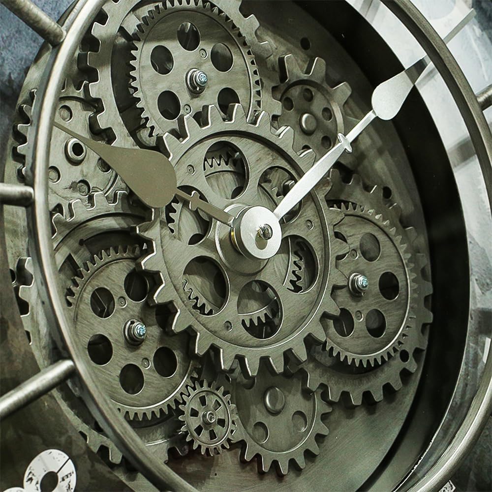 18 Inch Wall Clock with Moving Gears, Oversized Large Industrial Steampunk Decoration, Antique Metal Big Numeral Wall Clocks for Kitchen Study Room Living Room Decor (Matt Metal Silver-Black)