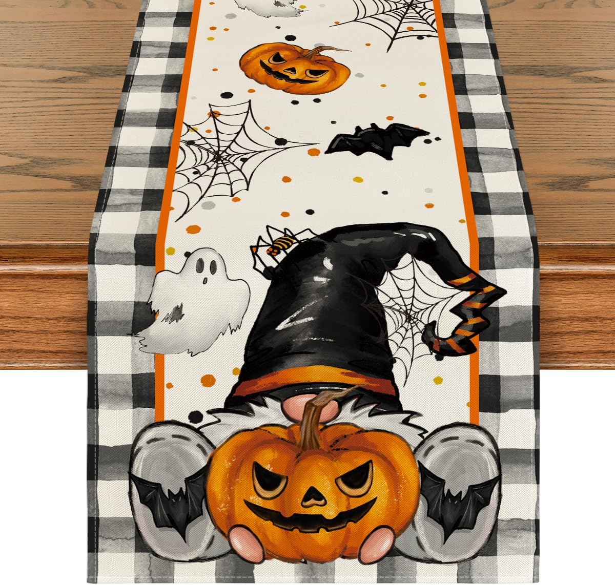 Artoid Mode Buffalo Plaid Gnome Bat Pumpkin Ghost Halloween Table Runner, Sensonal Kitchen Dining Table Decor for Home Party 13x36 Inch