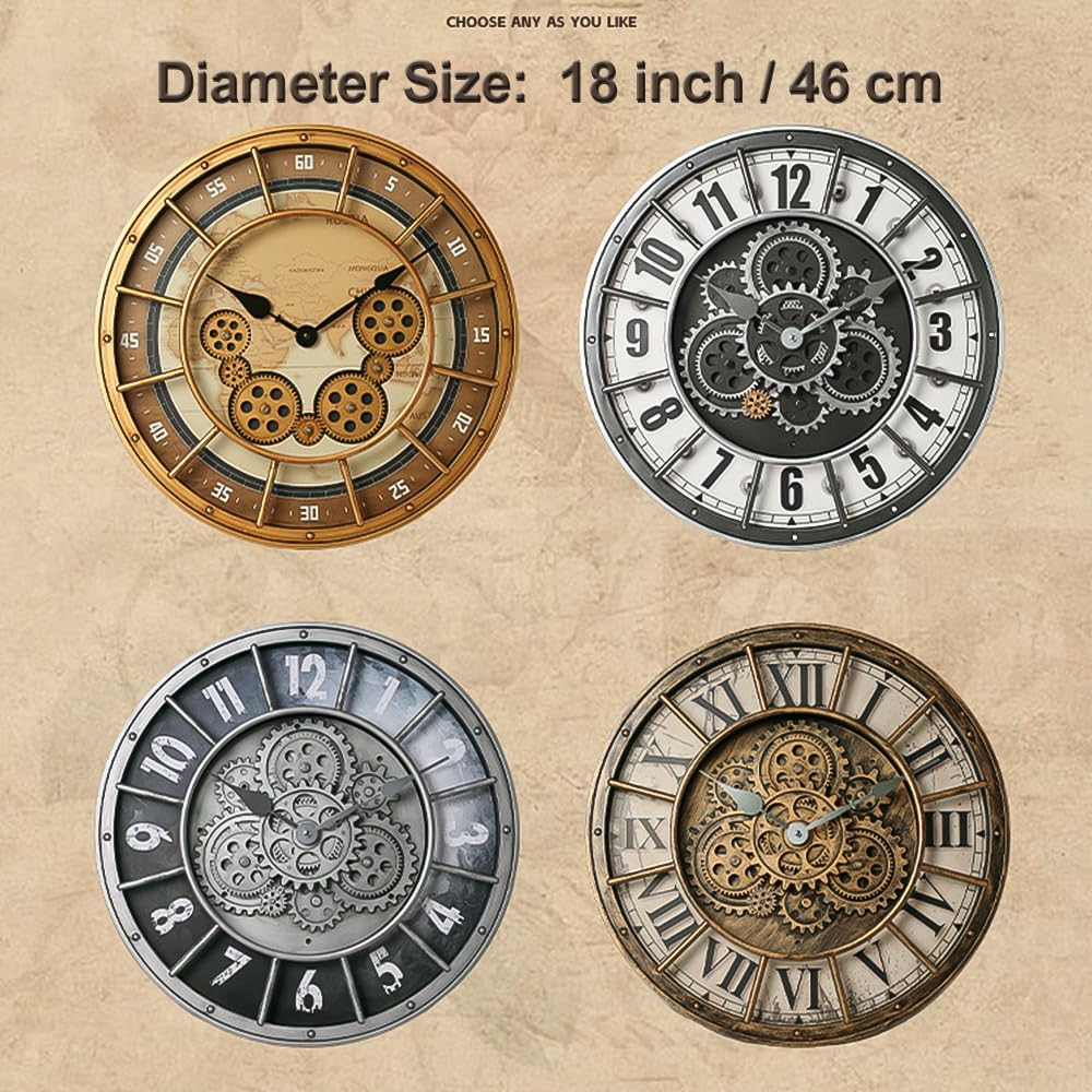 18 Inch Wall Clock with Moving Gears, Oversized Large Industrial Steampunk Decoration, Antique Metal Big Numeral Wall Clocks for Kitchen Study Room Living Room Decor (Antique Oil-Rubbed Bronze)