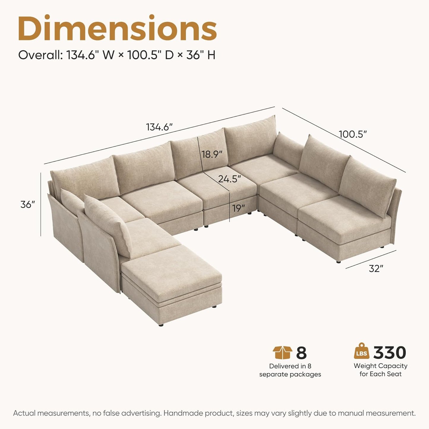 134.6" Modular Sectional Sofa, U Shaped Couch Set for Living Room, Large 8-Seater Comfy Cloud Couches with Movable Storage Ottoman,DIY Combination - Chenille Beige