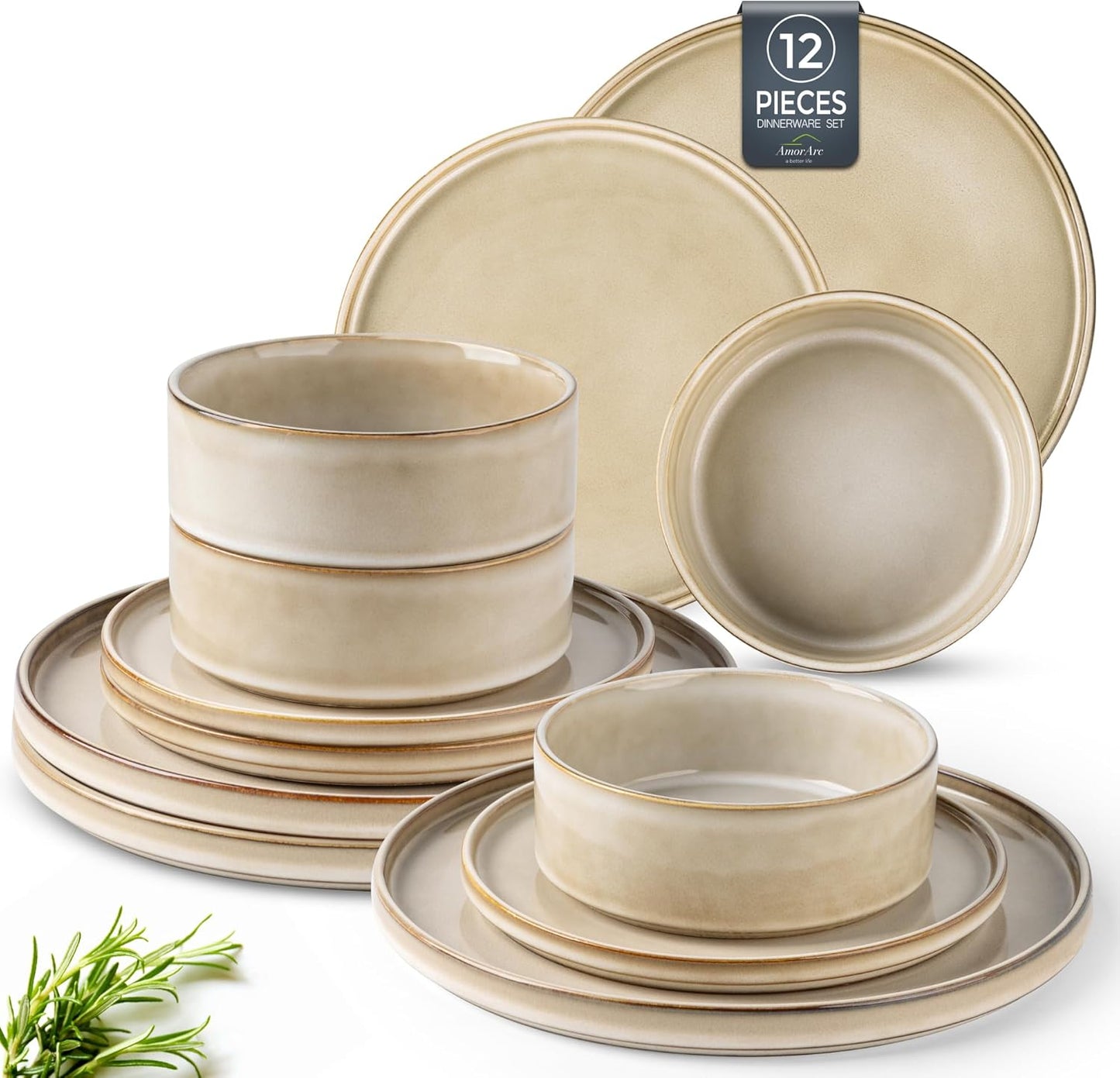 AmorArc Ceramic Dinnerware Sets, Handmade Reactive Glaze Stoneware Plates and Bowls Sets,Highly Chip and Crack Resistant | Dishwasher & Microwave Safe Dishes Set, Service for 4 (12pc)